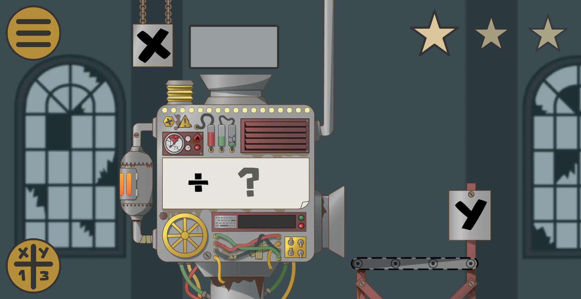 A screenshot of the Function Factory features a worn-out Function Machine. There is an intake valve at the top of the machine labeled with an "x" and an outlet leading to a conveyor belt with a label of "y". In the center of the machine is a label with the