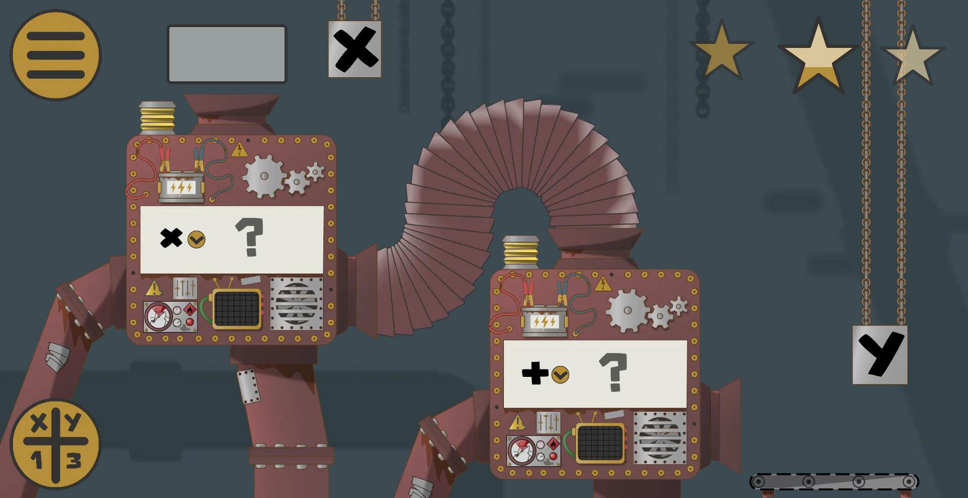 This screenshot of the second level of Function Factory features a function machine made up of two smaller machines connected by a tube.